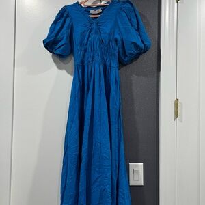 Chic Blue Puff Sleeve Midi Dress